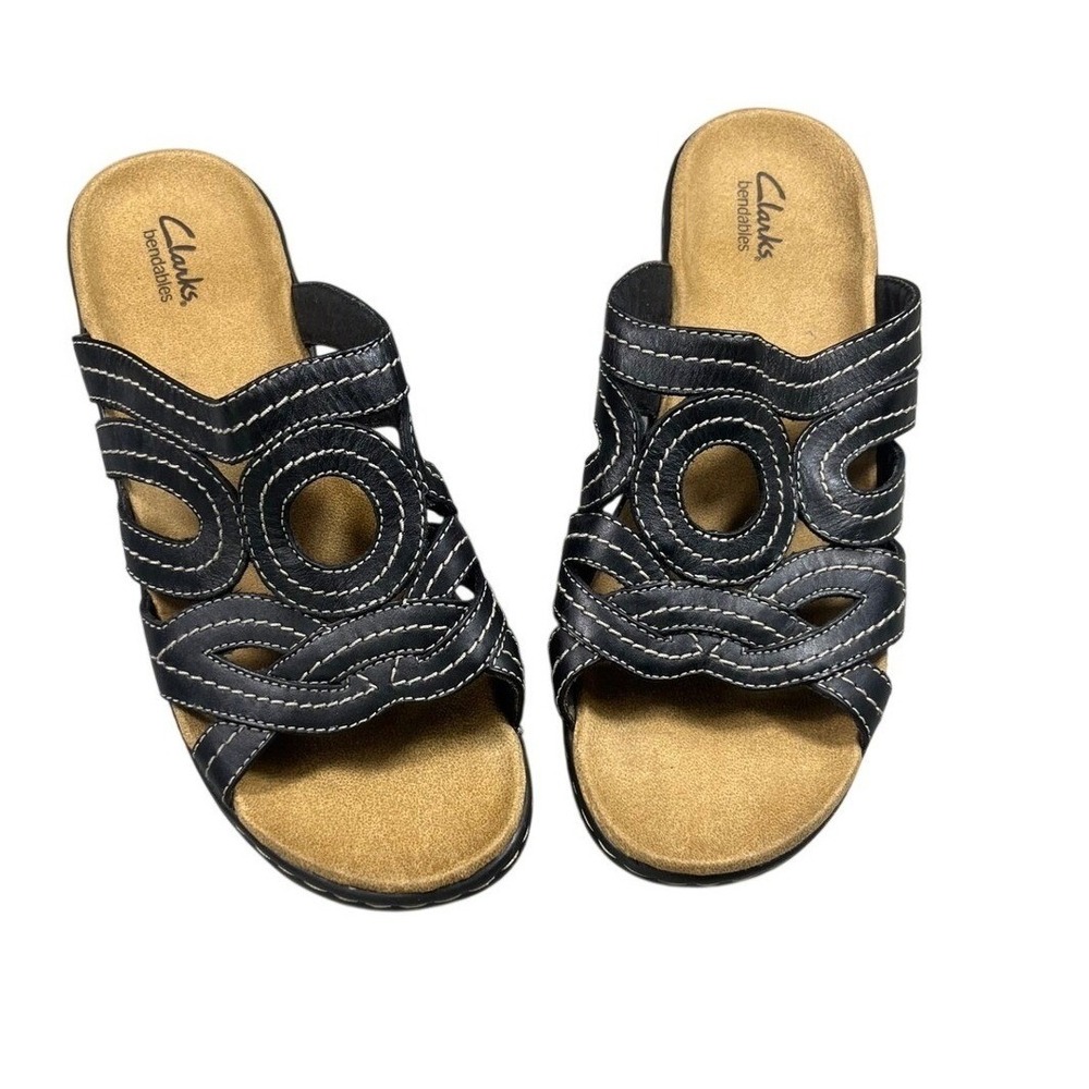 Clarks Bendables Womens 10W Black Leather Wedge Slide Sandals NWOB Comfort